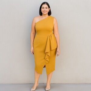 NWT Elliatt One Shoulder Cocktail Dress Size Large Mustard Yellow Sheath Party